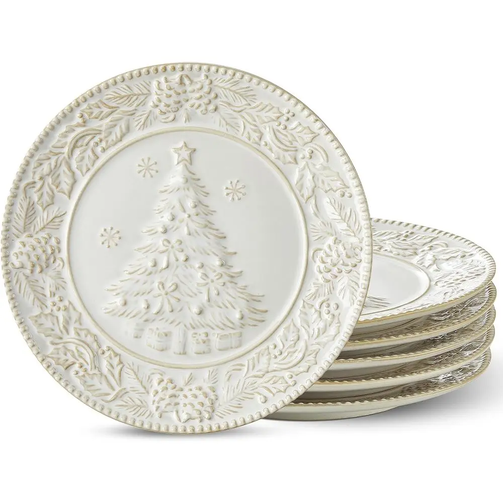 

Cream White Christmas Tree Salad Plates, 8 Inch Ceramic Plate Set, Appetizer Dishes for Pasta, Side Dishes, Holiday Treats, Dish