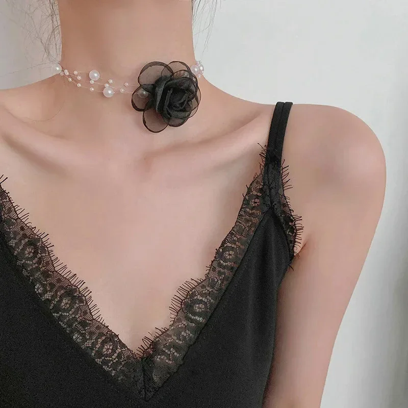 

High-fashion Multi-Layered Pearl Chiffon Flower Luxury Necklace Temperament Clavicle Chain Ceremonial Dress Women Chokers Gifts
