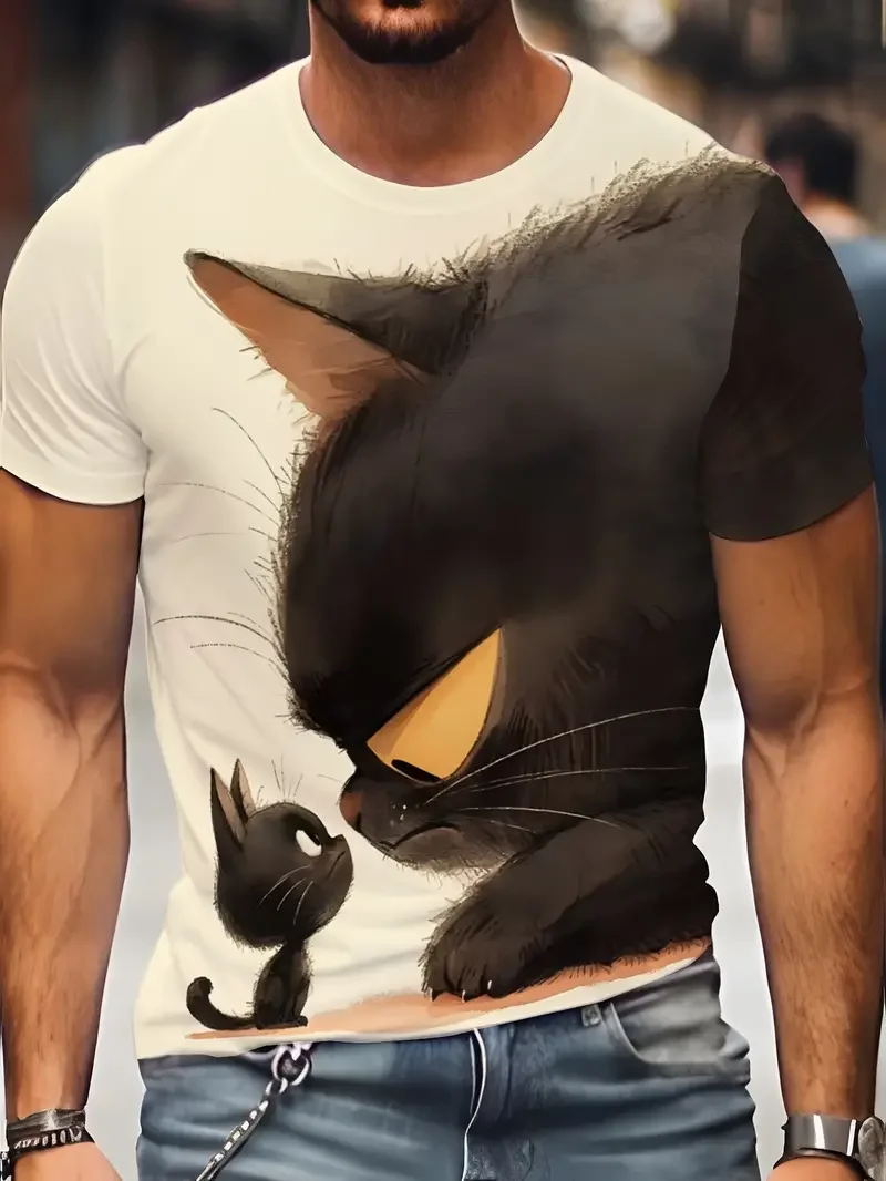 Summer Men's T-shirt Animal Cute Cat Print Crew Neck Short Sleeve Tee Street Trend Tops Oversized Male Clothing T Shirt For Men