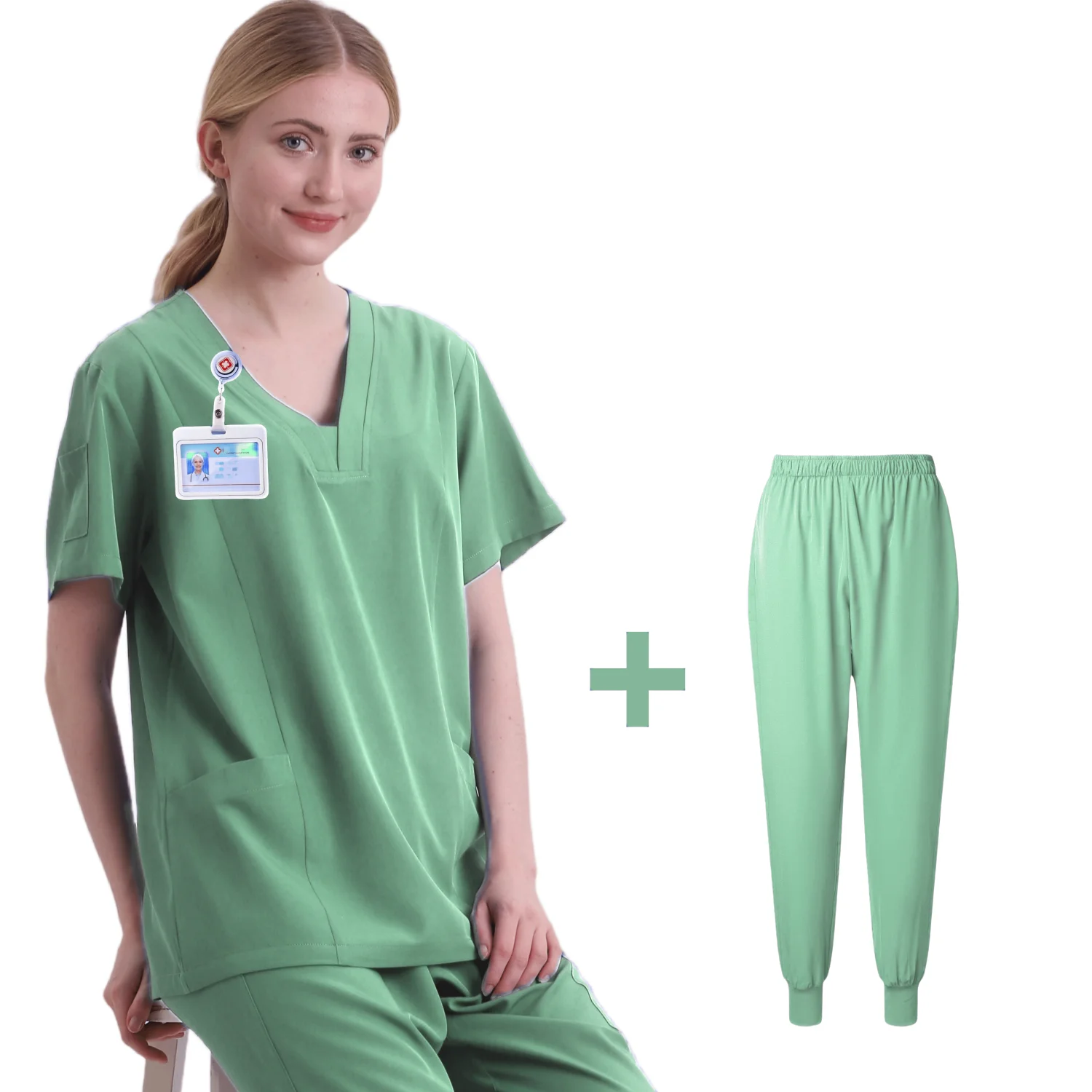 Uniformes Médicos das Mulheres, Conjuntos Elásticos, Vestidos Cirúrgicos Hospitalares, Tops de Manga Curta, Calças, Acessórios de Enfermagem, Roupas Médicos