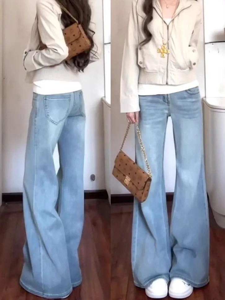 

Женские джинсы-клеш с широкими штанинами и высокой талией, повседневные, из денима, для фигуры типа «груша», больших размеров, с эффектом похудения