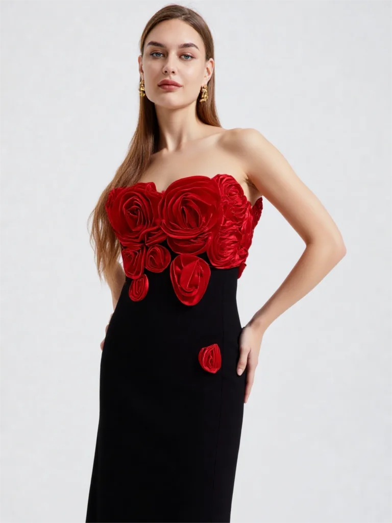 Women Sexy Strapless Elegant Flower Decoration long dress