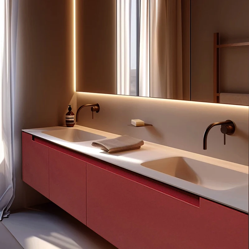 

*&q Light Luxury Cream Color All-in-One Basin MDF Mirrored Water Resistant Eco-Friendly Durable Bathroom Cabinet Oak Hotel
