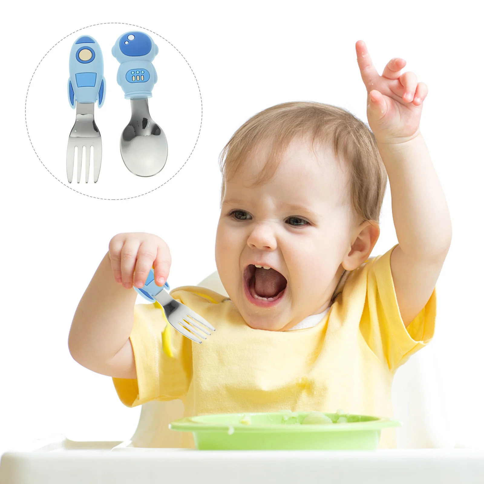 

Silicone Handle Stainless Steel Cartoon Training Fork Spoon Set 2pcs Astronaut Baby Self Feeding Utensils Tableware Cute