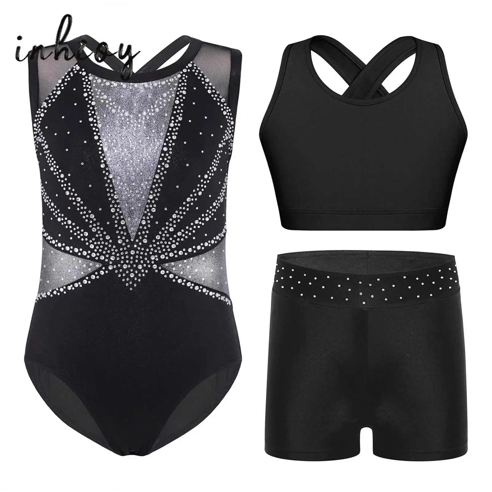 

3Pcs Kids Girls Rhythmic Gymnastics Outfit Sleeveless Crisscross Back Shiny Rhinestones Color Block Leotard Bodysuit+Vest+Shorts