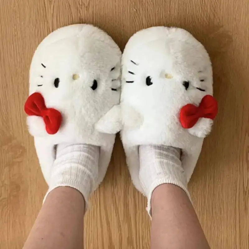 Cute Hello Kittys Cotton Slipper Sanrios Anime Women's Furry Shoes Autumn Winter Outdoor Indoor Home Soft Sole Warm Cotton Shoes