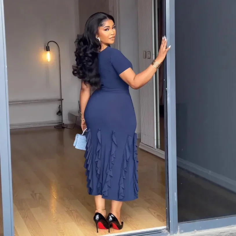 فساتين Dashiki الأفريقية للنساء أنيقة صيفية بأكمام قصيرة من البوليستر باللون الأسود والأزرق فستان طويل ملابس أفريقيا #6