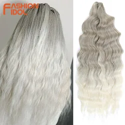 FASHION IDOL-extensiones de cabello trenzado de onda profunda, pelo sintético de ganchillo, 24 pulgadas, gris degradado, fibra resistente al calor