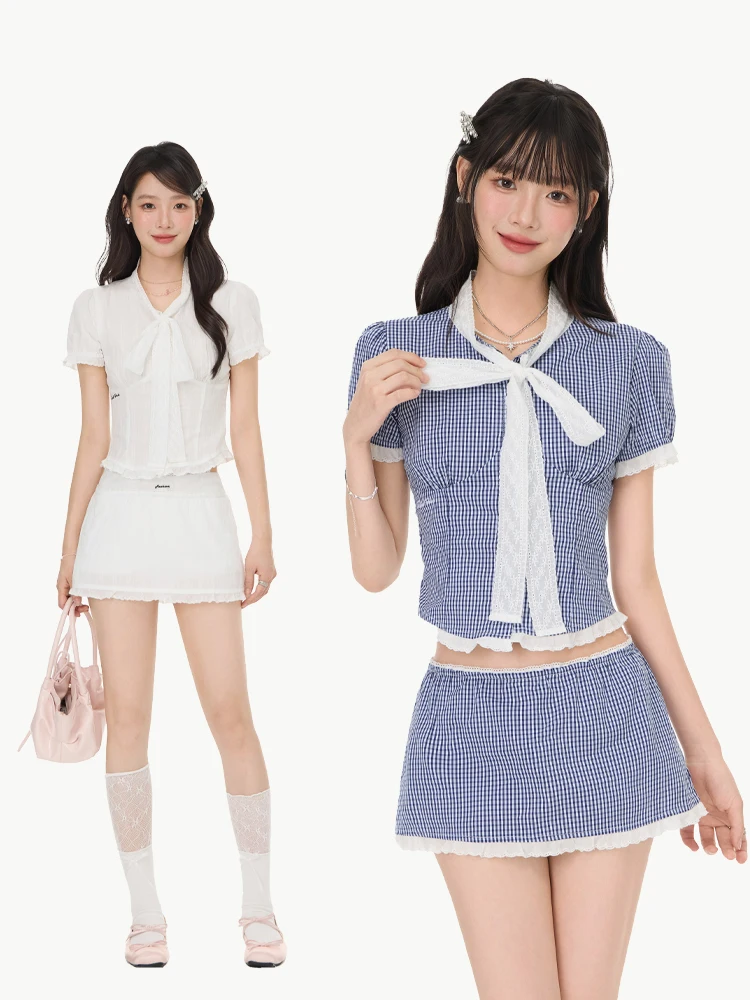 

Sweet Spicy Short Sleeve T-Shirt Women Summer Waist Cinched Shoulder Original White Little Fish Short Top