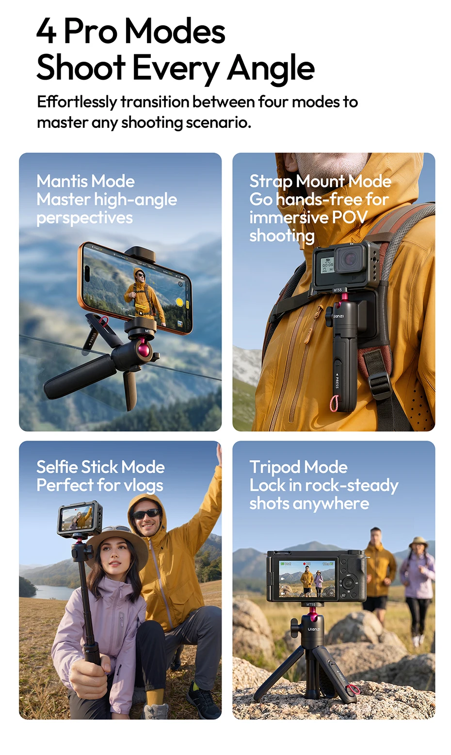 Ulanzi MT55 SnapGo Mini Selfie-Stick Stativ 360 ° Verstellbarer Winkel Immersiver POV 1/4'' Halter für Kamera, Handy, Videoleuchte – Detail 10