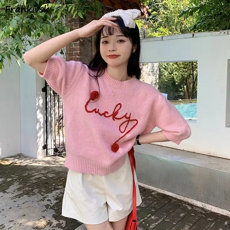 

Sweaters Women Embroidery Sweet All-match Fashion Korean Style Half Sleeve High Street Simple Advanced Knitting Summer College