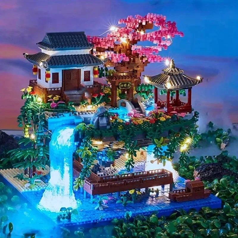 Peach Blossom Pool Cherry Tree House Building Blocks Chinese Garden DIY Assembly Bricks Toy LED Light for Kids Adult Gift