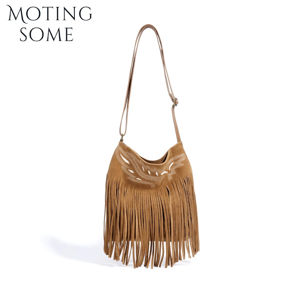 

Motingsome Winter Bag Women Luxury Designer Suede Leather Hobos Handbag Tassel Retro Embroidery Shoulder Messenger Matte Bucket