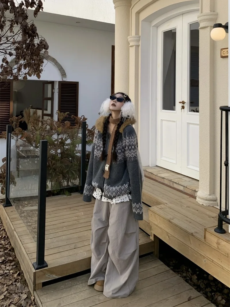 

American Sle Loose Casual Hooded Open Cardigan Knitted Sweater Women's Autumn Winter New Faion Trendy Coat Warmth