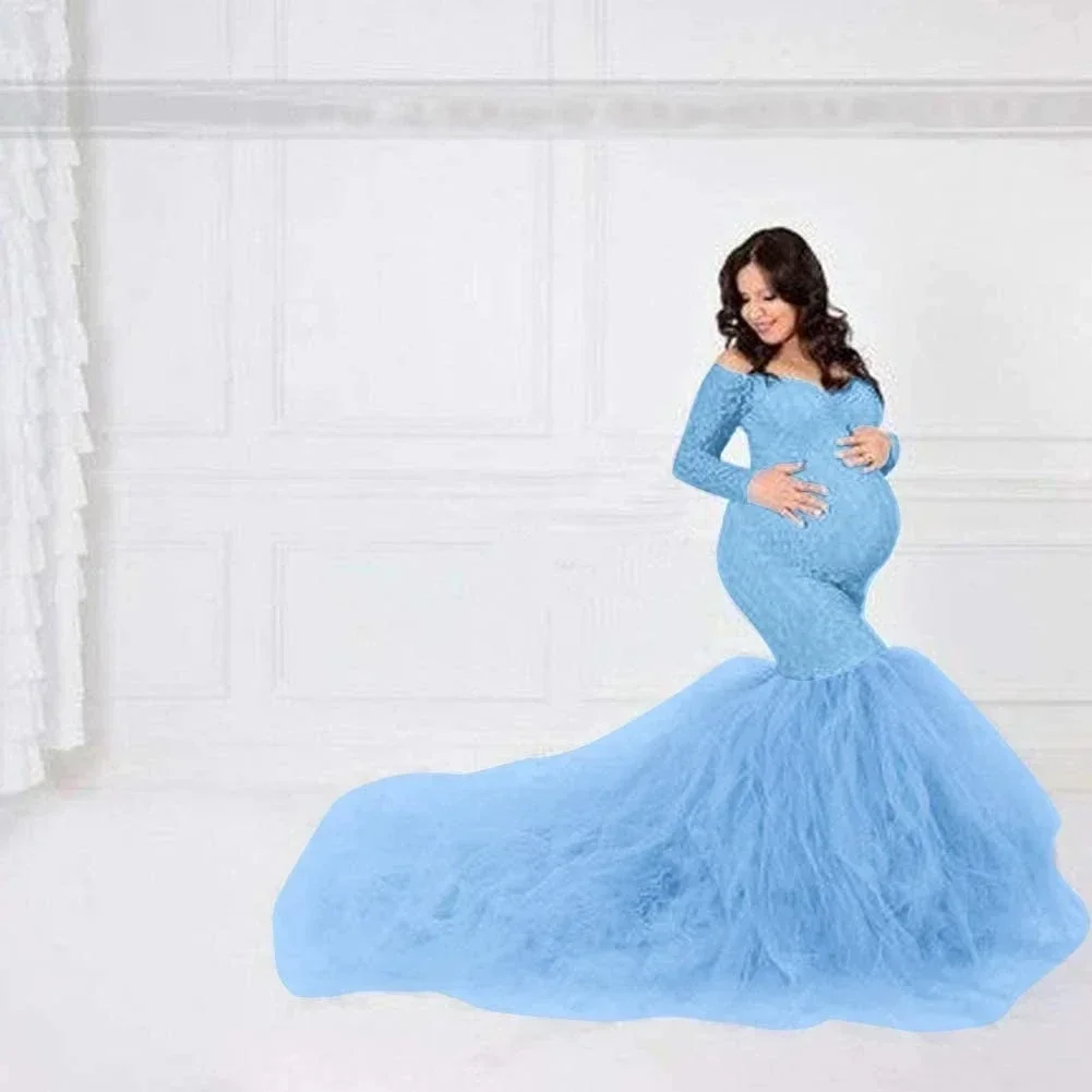 Women Long Sleeve Off Shoulder Lace Maternity Dress For Photography Tulle Gown Photoshoot Maternity Net Yarn Mopping Long Dress