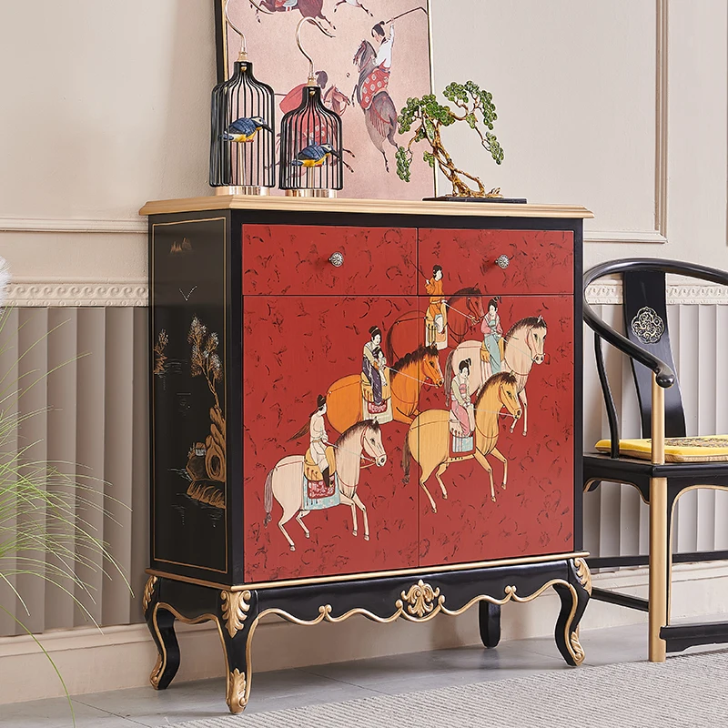 

New retro China-Chic new Chinese style painted figure gold painting French oak porch partition decoration cabinet