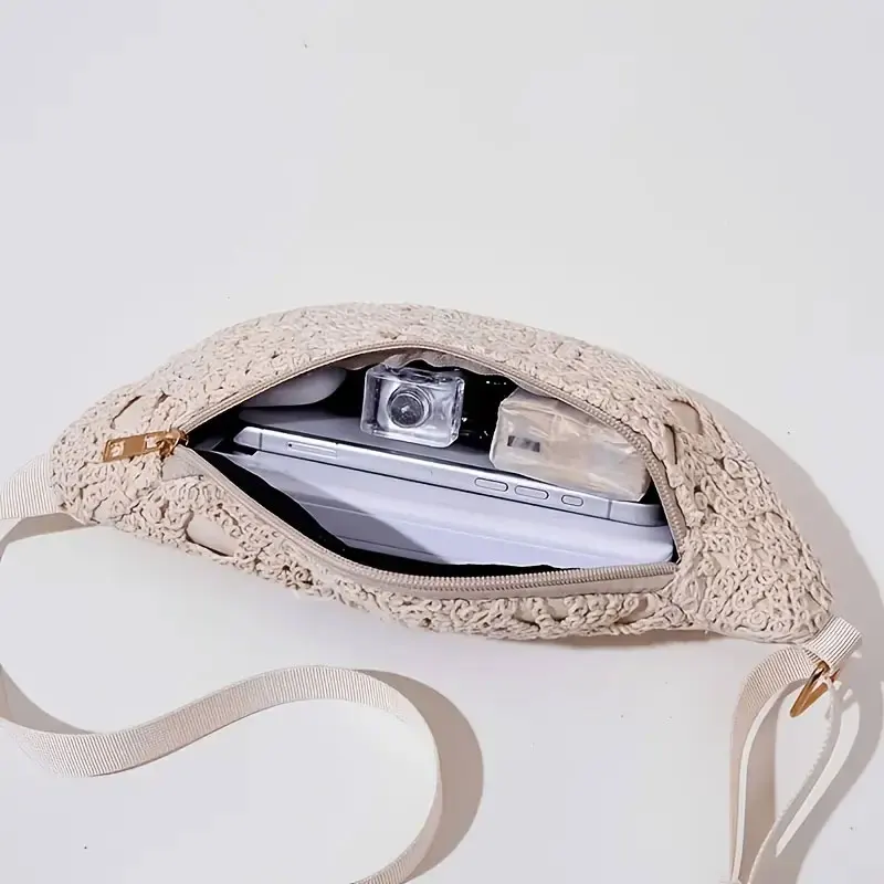 1 Stück Boho-Stil Spitzen-Gürteltasche und 1 Stück Quastenanhänger, Gehäkelte Gürteltasche, Boho Crossbody-Gürteltasche, Beige Spitzen-Umhängetasche für Damen, Musikfestival-Spitzen-Gürteltasche – Detail 5