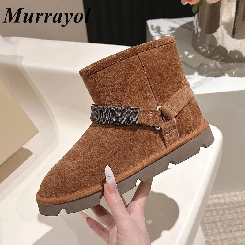 

Короткие сапоги из коровьей замши с круглым носком и толстой подошвой, женские полусапоги с декором из бисера и шерстяной подкладкой, зимние согревающие ботильоны