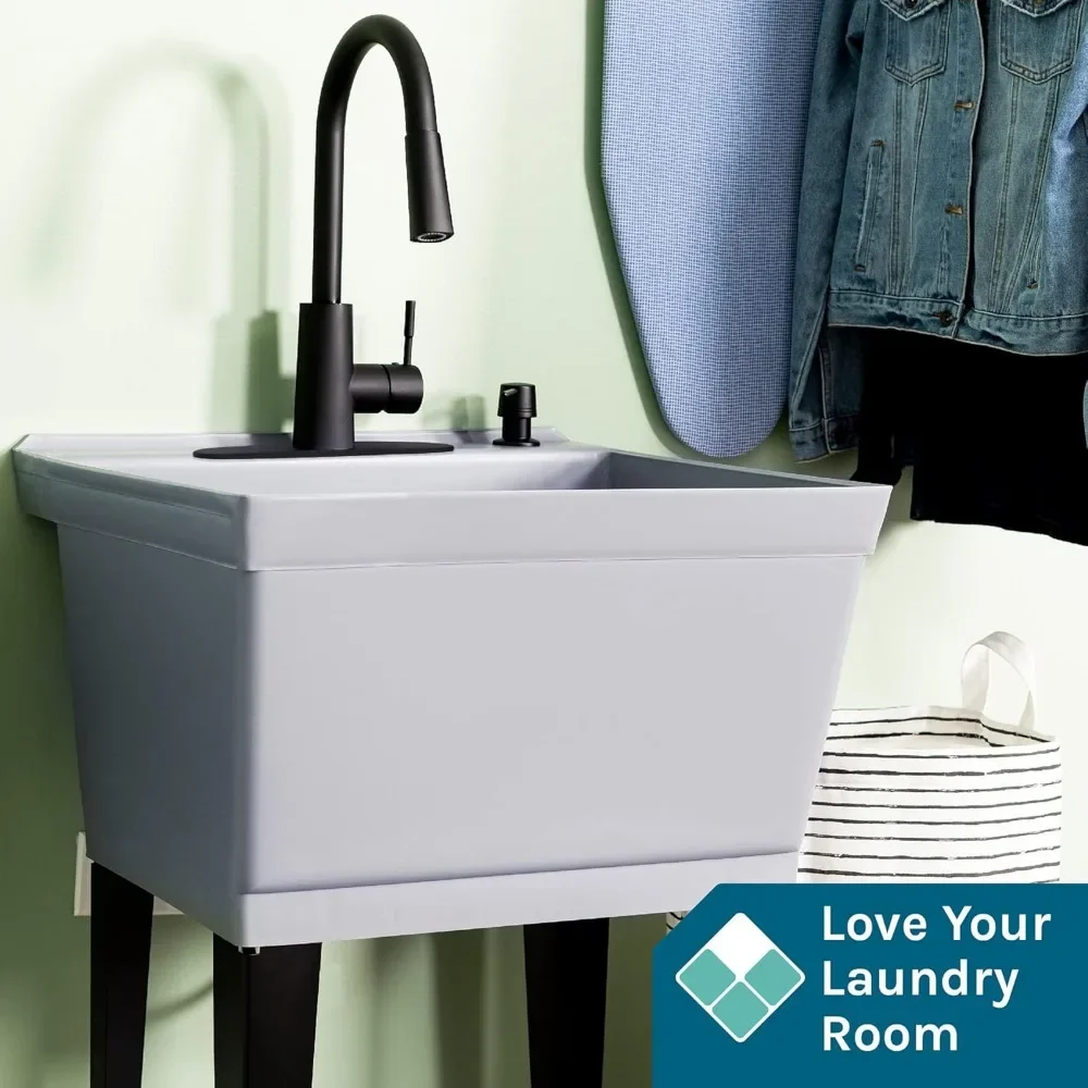 Grey Utility Sink Laundry Tub With High Arc Black Faucet By Pull Down Sprayer Spout, Heavy Duty Slop Sinks For Washing Room