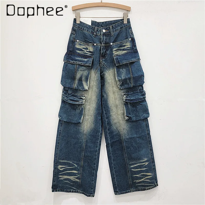 

Washed and Old Multi-pocket Loose Hip-hop Pants Women American Retro Tooling Jeans Women's 2025 Autumn and Winter