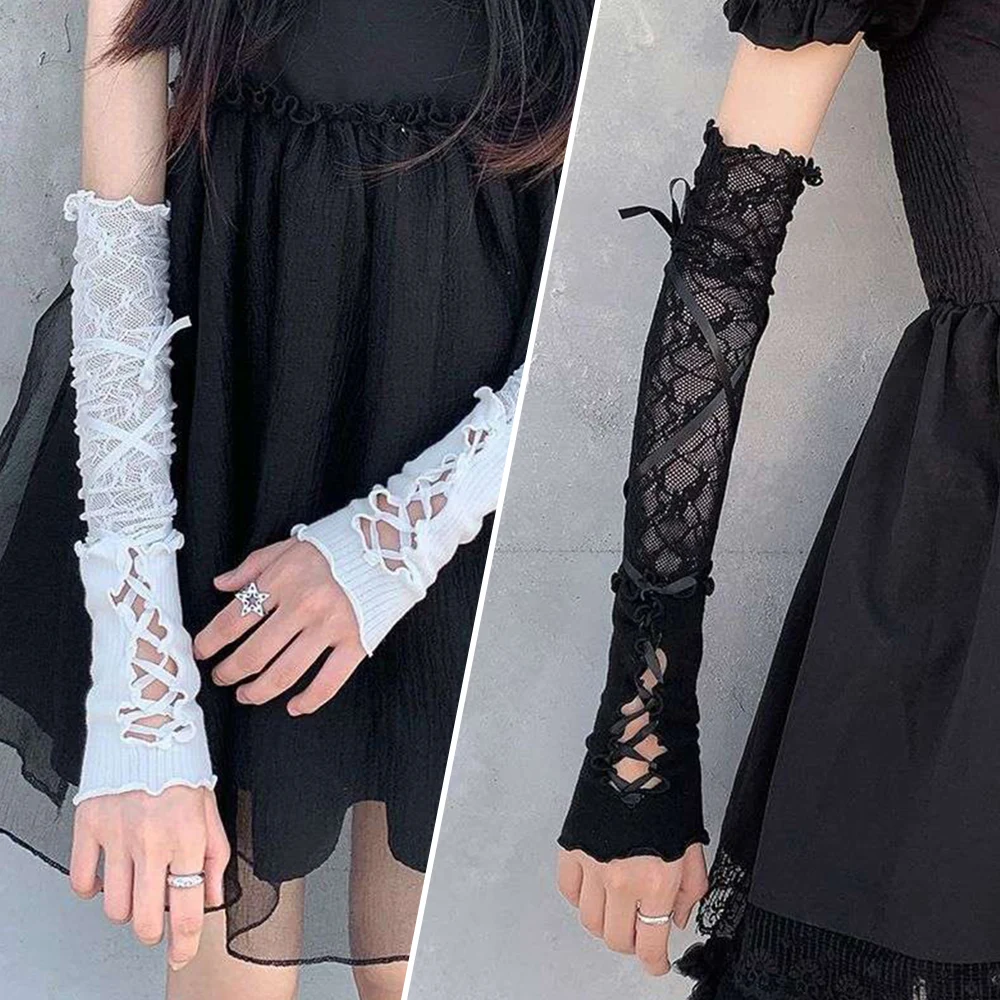 

Lace Fingerless Strapping Arm Sleeve Sunscreen Sleeve Elastic Arm Warmers Lace-Up Sun Protection Cuff Bow Tie Long DIY Gloves