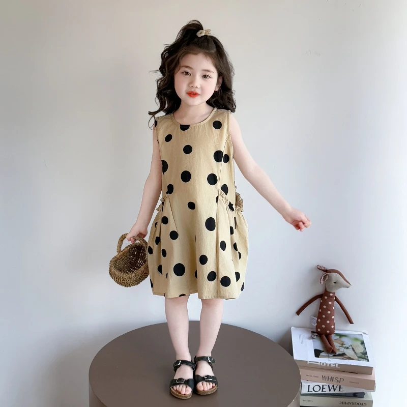 

2026 Summer Hot Selling Round Neck Large Wave Dot Card Color Large Pocket Dress for Children