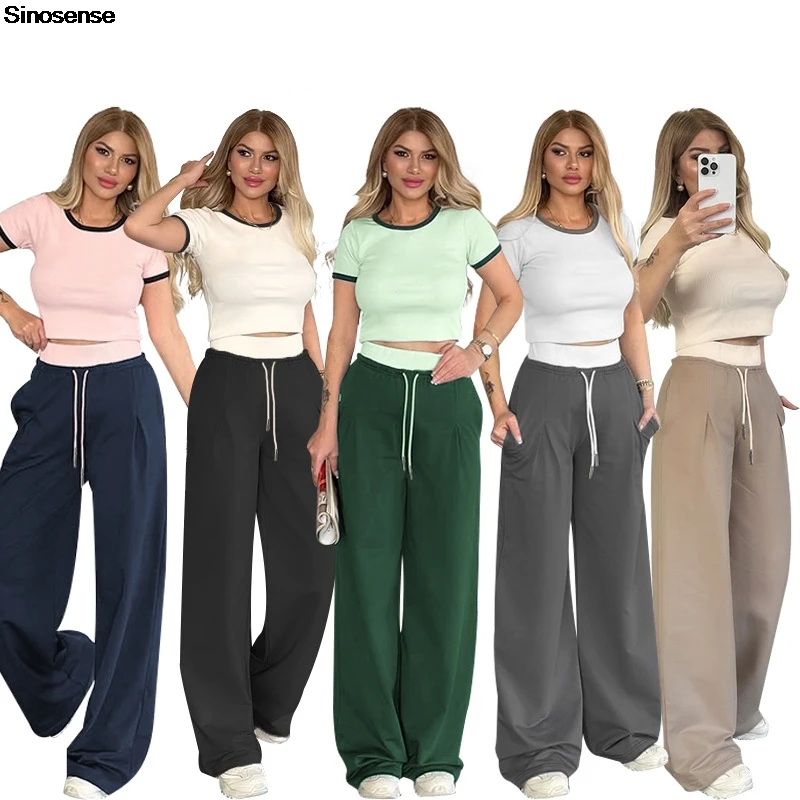 

Womens 2 Piece Sets Color Block Short Sleeve T-shirts Wide Leg Pants Tracksuits Casual Lounge Set Summer Daily Sports Outfits