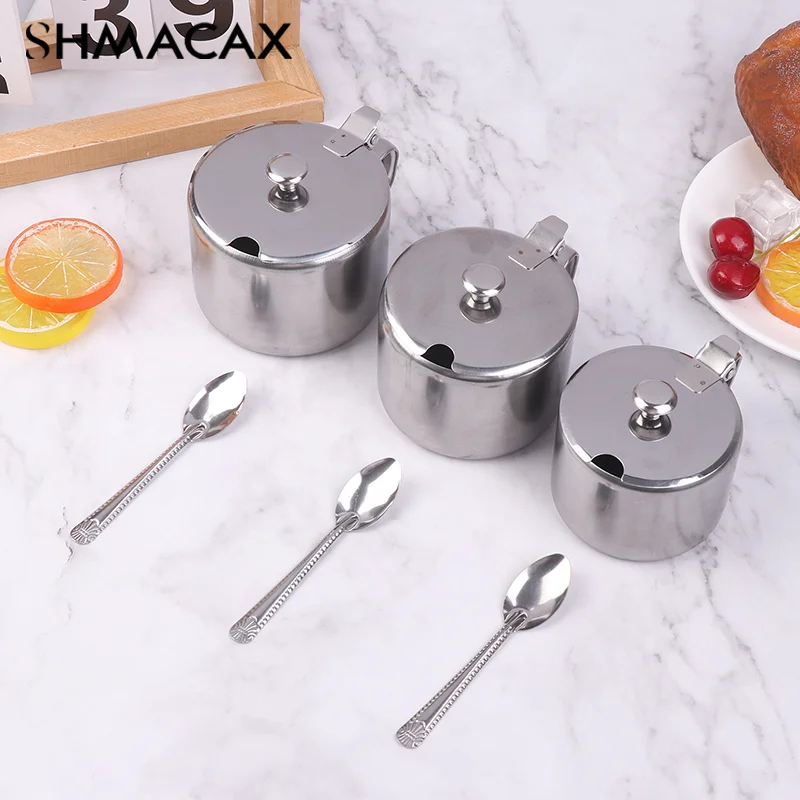 Practical Stainless Steel Sugar Bowl With Handle Lid Spoon Dustproof Waterproof Seasoning Jar Kitchen Restaurant Spice Container