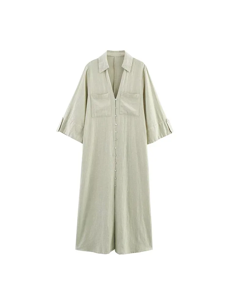 Verão novas camisas femininas vestido vintage sólido linho com decote em v 3/4 manga solta feminino elegante vestidos de rua