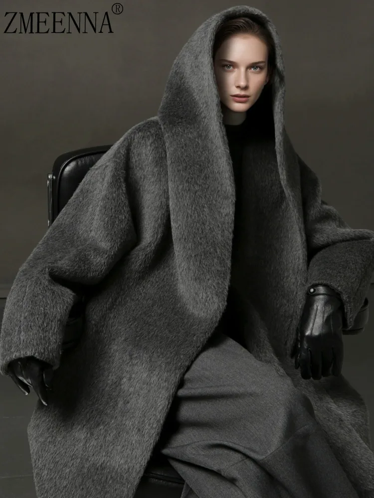

ZMEEENNA Women's Grey Oversized Hooded Wool Blend Coat Stylish Long Winter Warm And Comfortable Fashion Design ZM3460