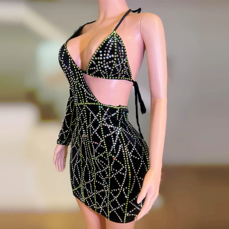 New One Sleeve Full Rhinestones Party Dress Women Group Gogo Dancer Outfit Bar Dj Ds Nightclub Stage Festival Costumes Set