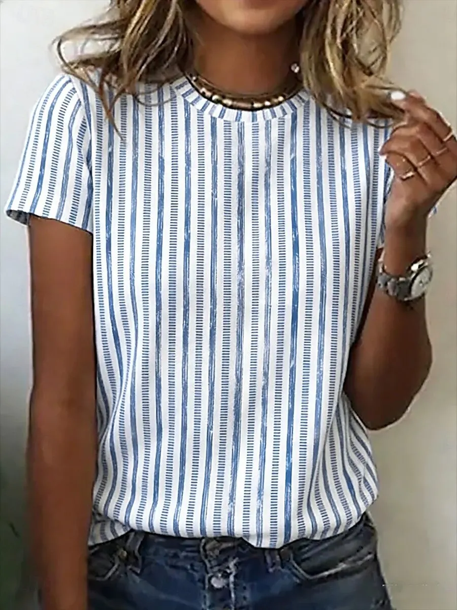 Vertical Stripe Print Casual T Shirt Crew Neck Short Sleeve Tee For Women Summer Holiday Travel And Daily Outfits