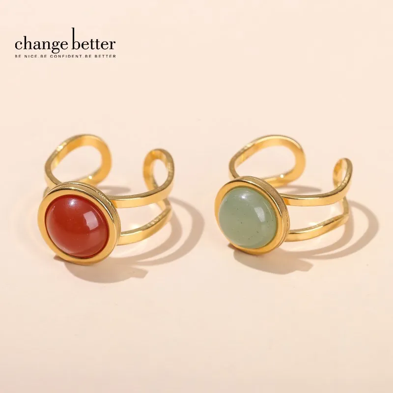 Change Better Natural Stone Red Agate Stainless Steel Open Rings Women Vintage Golden Round Cabochon Adjustable Ring Jewelry