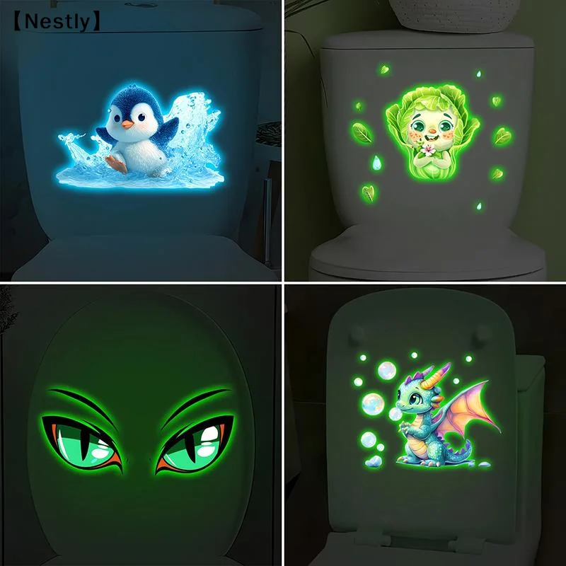 Glow-In-The-Dark Penguin Toilet Sticker Glass Decals Luminous Wall Sticker Self-Adhesive Removable Home Decoration〔Nest〕
