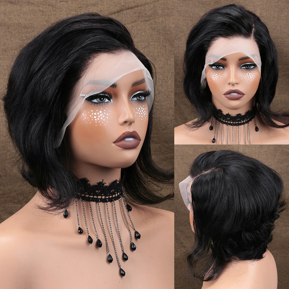 Perruque coupe pixie droite en dentelle transparente, cheveux humains 13x4, perruque courte bob pour femme noire, avec baby hair et ligne de cheveux naturelle