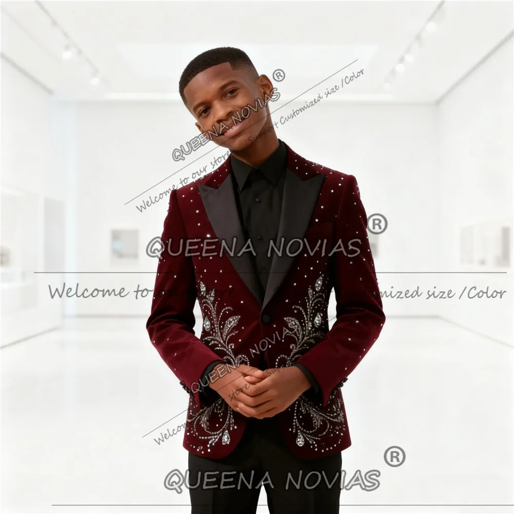 화려한 크리스탈 비즈 웨딩 턱시도 소년용 벨벳 프롬 블레이저 맞춤형 2피스 어린이 생일 의상 2-16세