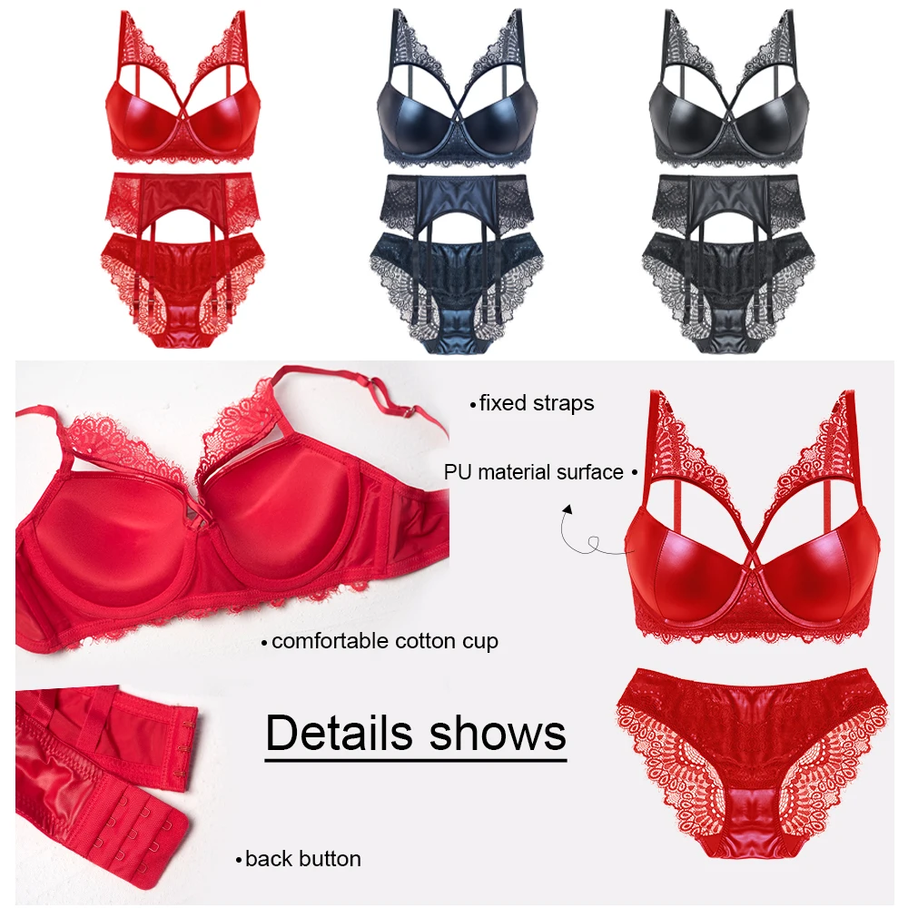 Sexy Leather Lingerie Set Female Three-pieces Bra Panties Suit With Garter Solid Lace Push Up Padded Lace Strappy Underwear