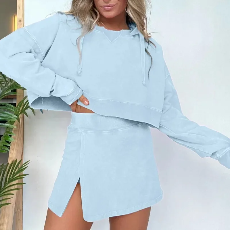 

Women's Autumn New Long Sleeve Crop Hoodie Casual Short Skirt Sets Fresh and Sweet Female Fashion Two Piece Set Skirts Outfits