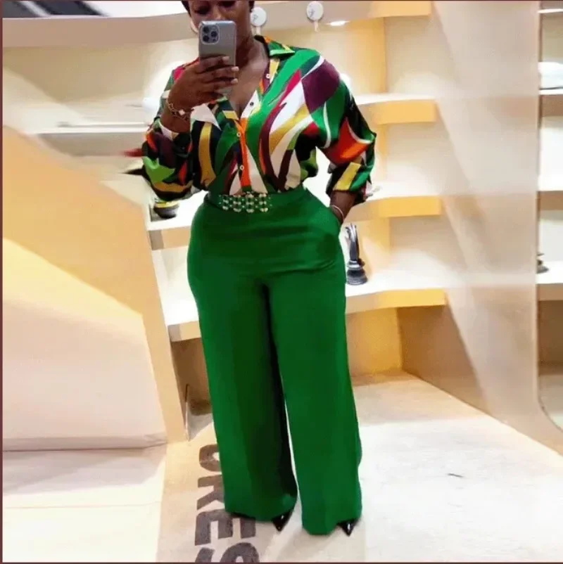 African Clothes for Women Summer Elegant African Women Long Sleeve Printing 2pieces Set Shirt Long Pant Matching Sets Outfits