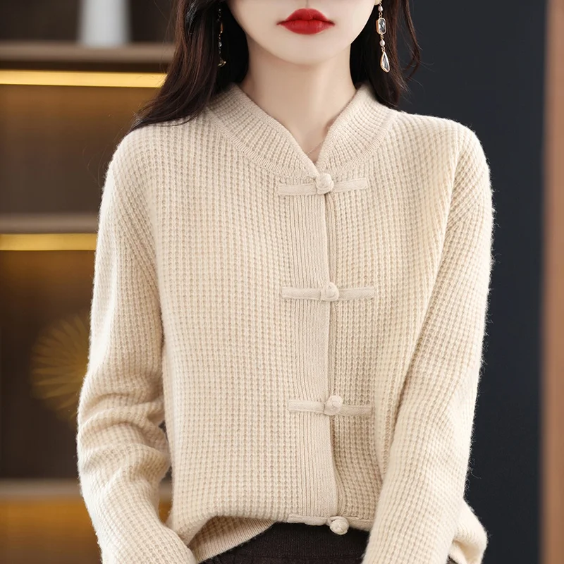 Chinese Cardigan 2023 Winter Women Clothing 100% Wool Knitwears Female High Quality Standard Woolen Tops