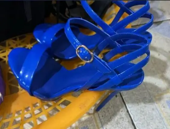 

Royal Blue Gold Sliver Patent Leather One Line Open Toe High Heel Sandals Summer Woman Ankle Strap Stiletto Heels Pumps Shoes