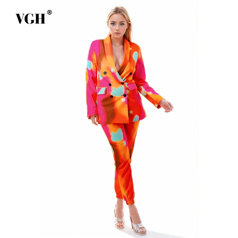 

VGH Hit Color Two Piece Sets For Women Notched Collar Long Sleeve Blazer High Waist Slimming Trousers Casual Set Female Style