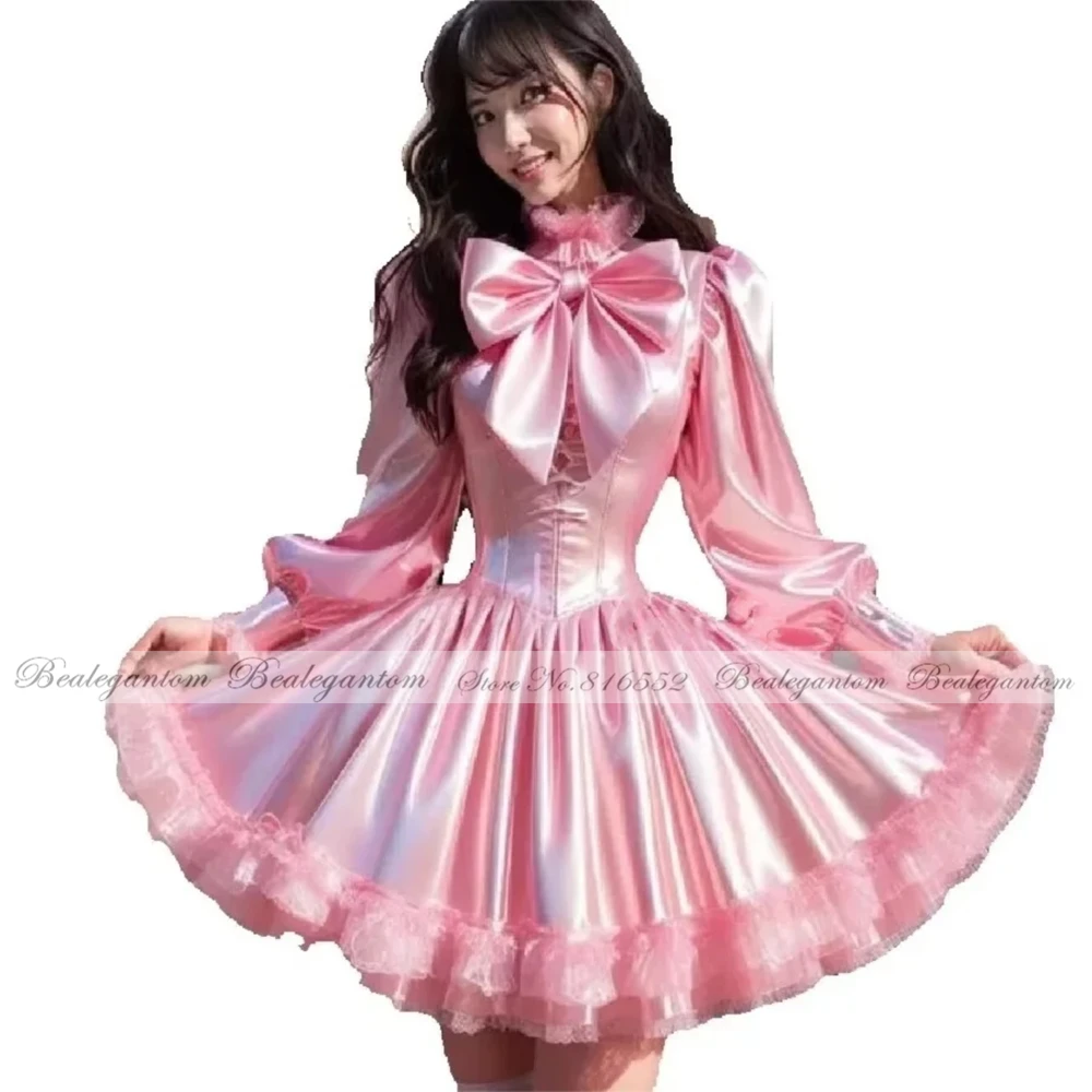 

Bealegantom Pink Cosplay Korean Short Prom Dresses High Neck Long Sleeve Maid Birthday Party Evening Gown Customized