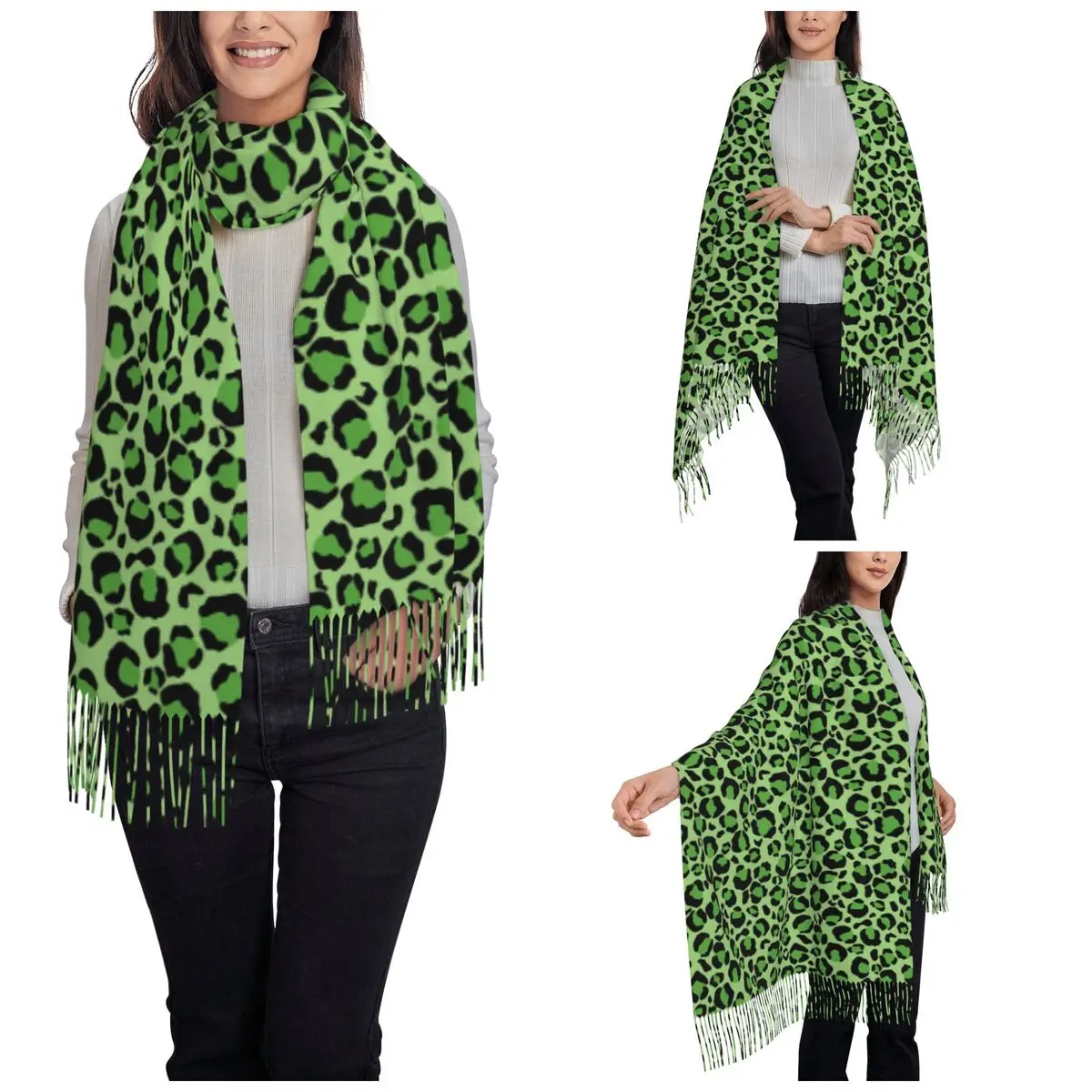 Women's Scarf with Tassel Green Leopard Print Long Winter Fall Shawl Wrap Camouflage Gifts Cashmere Scarf