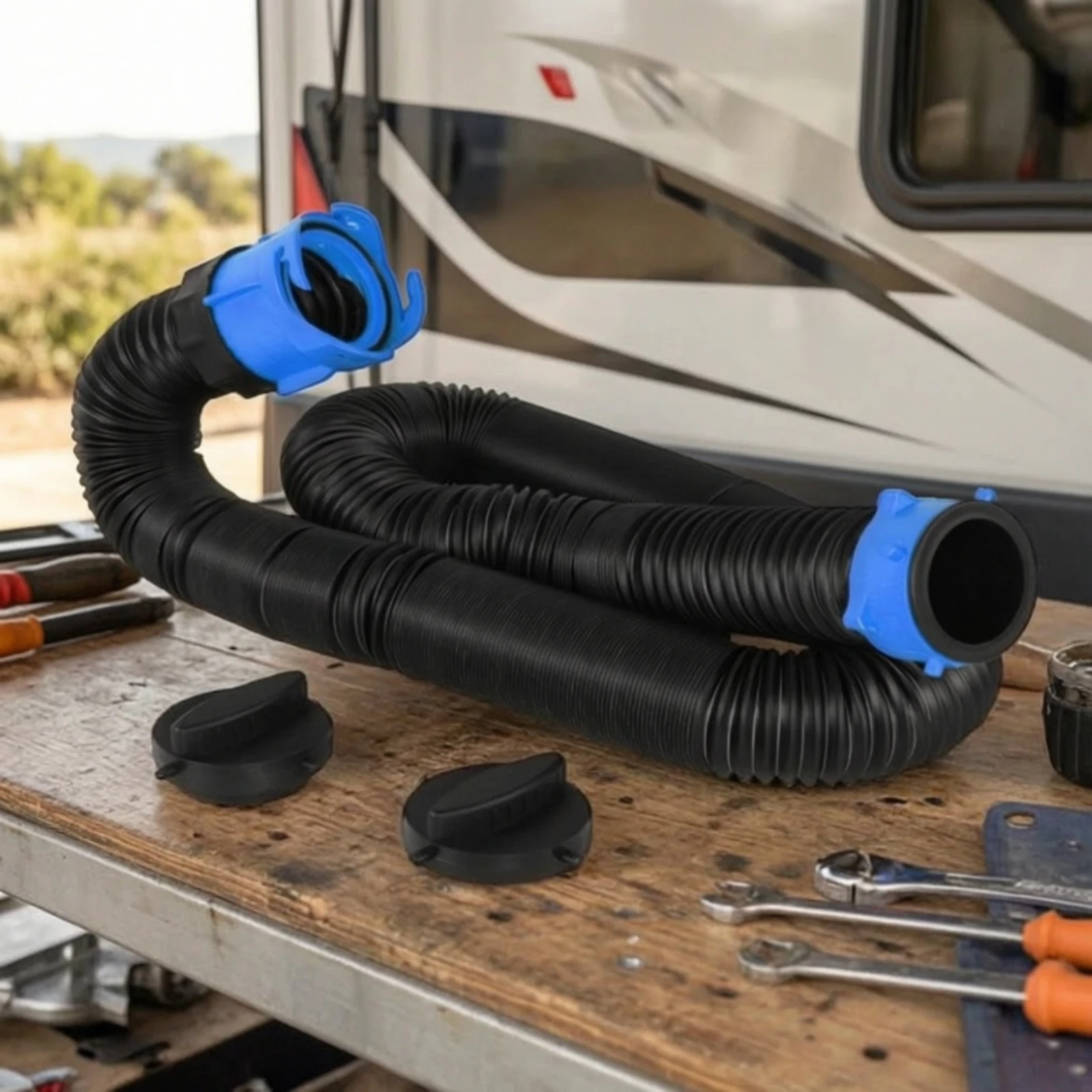 RV Sewage Hose with End Caps Corrugated RV Sewer Hose Kit Ribbed Rugged for Campers, Campsite, Motorhome
