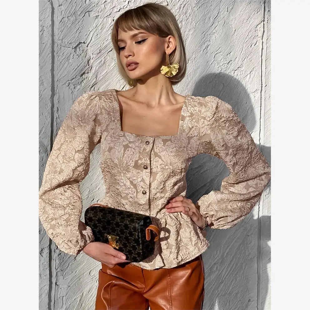

French Style Slim Fit Long Sleeve Square Neck Printed Bubble Sleeve Shirt Women's Premium Fashion Polyester Fiber Shirt