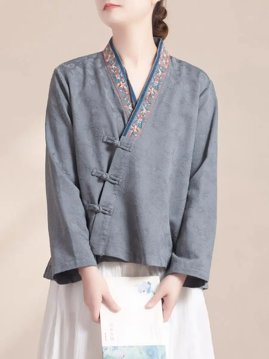 Chemisier en coton et lin de style chinois traditionnel pour femmes, olympiques tang, chemisier hanfu vintage, haut kimono, automne