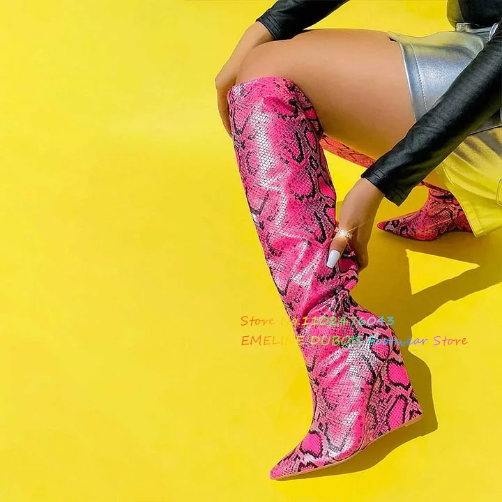 Snake Embossed Wedge Heel Knee-High Boots Pink & Black Pointed-Toe High Heel Trendy Women Sexy Slip On Winter Booties