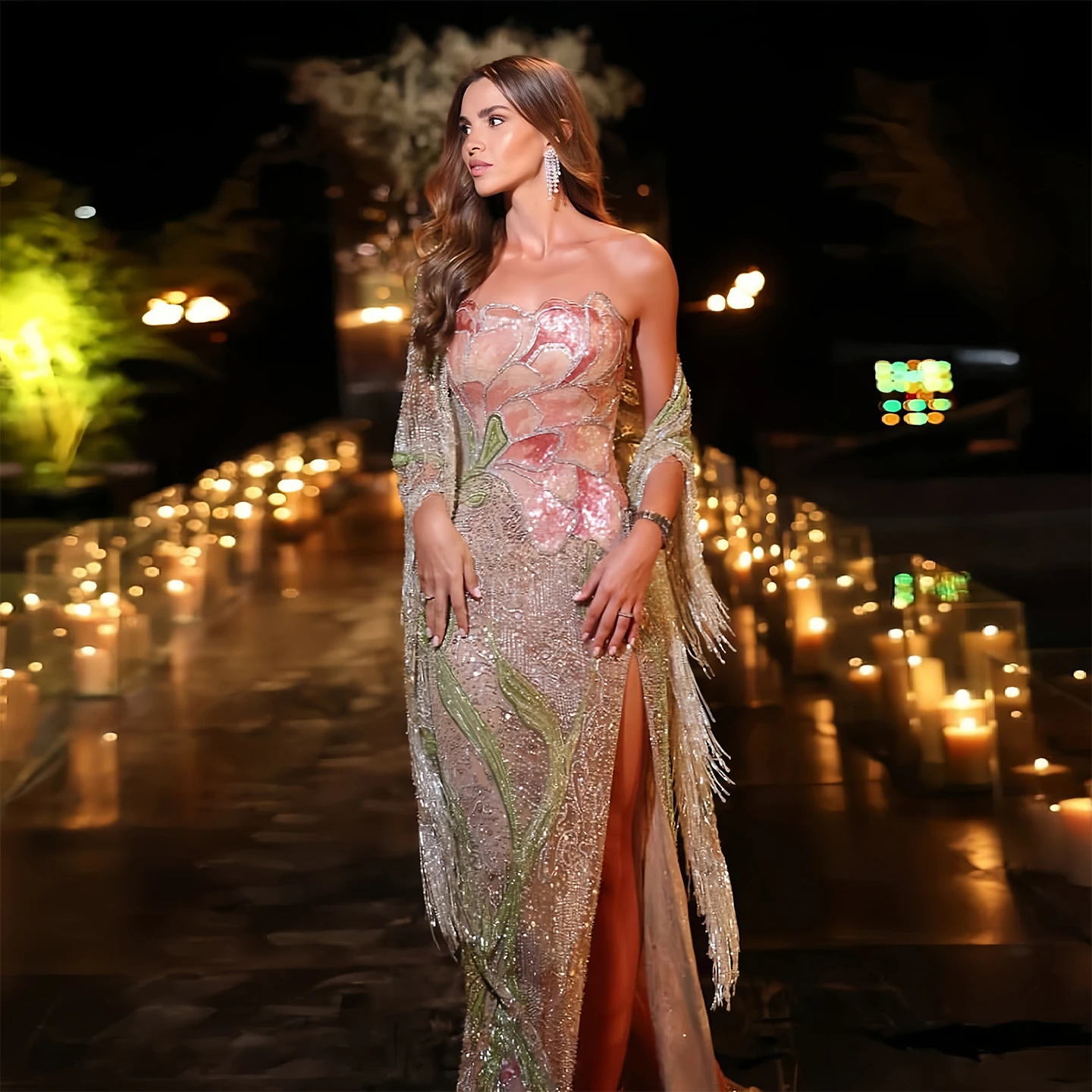 Sharon Said Mermaid Evening Dress with Cape Sequined Beaded Tassel