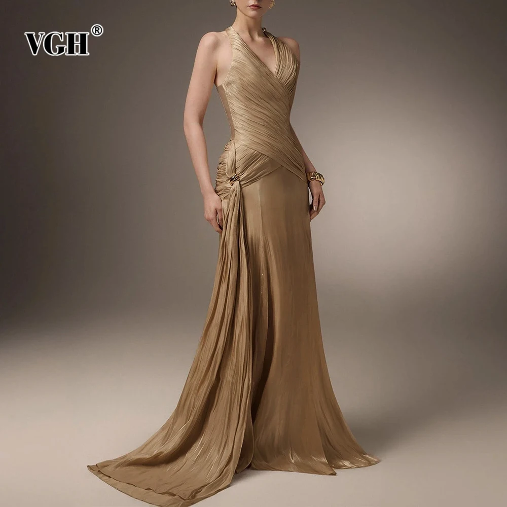 

VGH Temperament Slimming Dinner Dresses For Women V Neck Sleeveless Backless High Waist Elegant Dress Female Fashion Style New